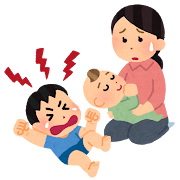 赤ちゃんを抱っこする母親の前で癇癪をおこす上の子のイラスト